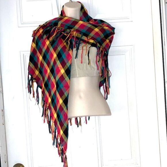 Scarf Shawl Wrap Coverup Sarong Rainbow Checkered with Fringe 39 Square Inches - Picture 2 of 9